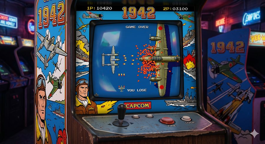 Les vieux jeux d’arcade des années 80, comme 1942 : un petit vaisseau face à un boss démesuré.