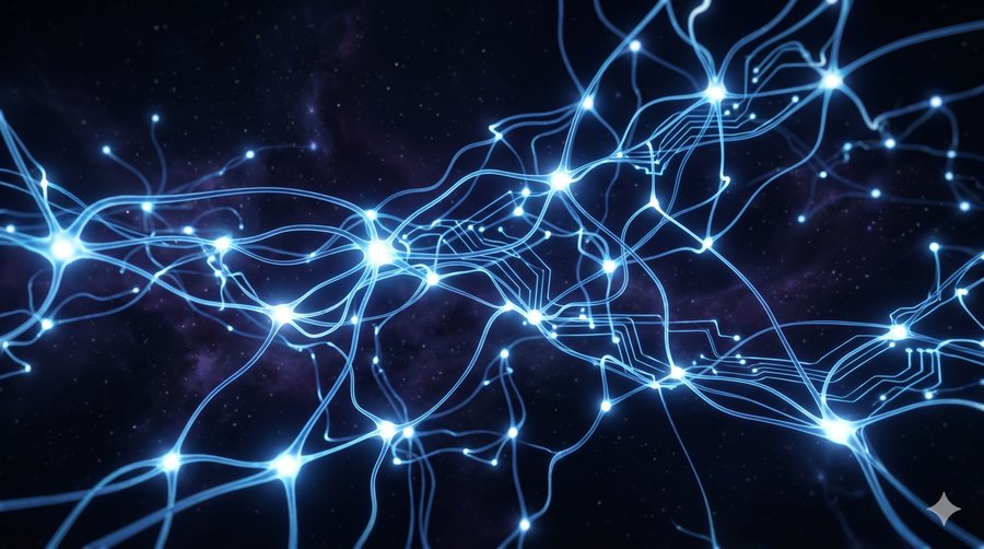 Un réseau de nœuds lumineux reliés — l’univers comme champ d’information.