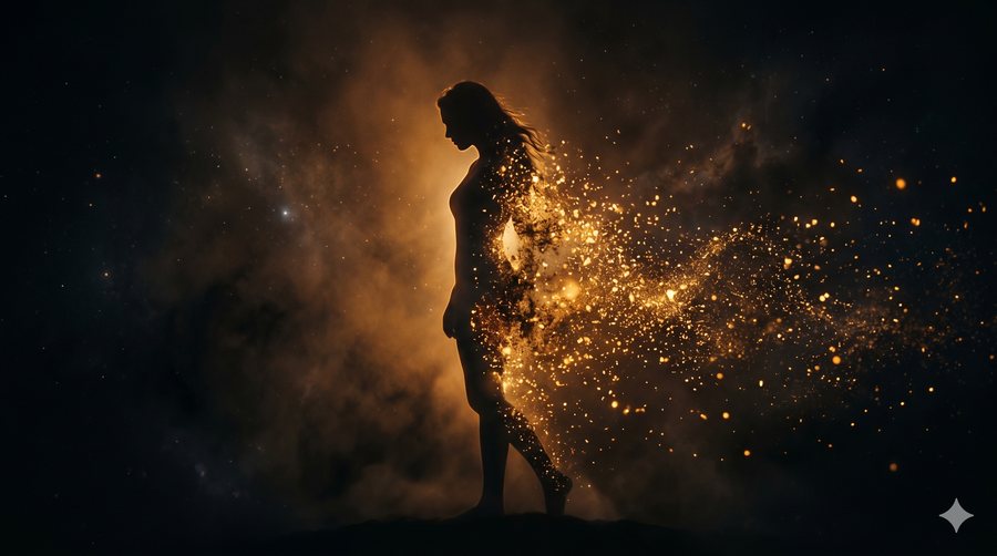 Une silhouette faite de particules de lumière qui se dissolvent dans le cosmos.