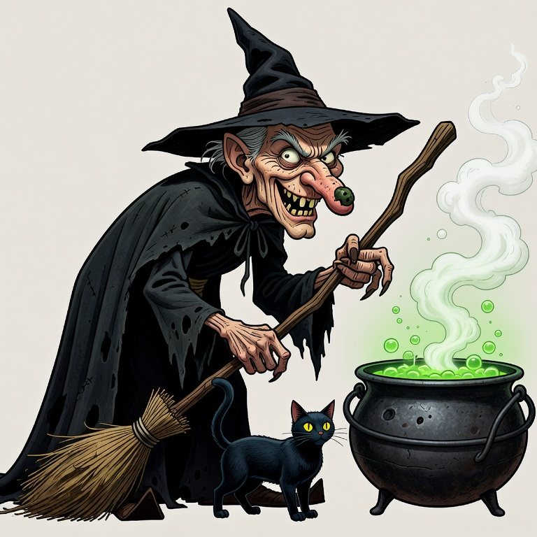 La sorcière au chapeau pointu et au chaudron : un personnage de dessin animé, pas une réalité historique.